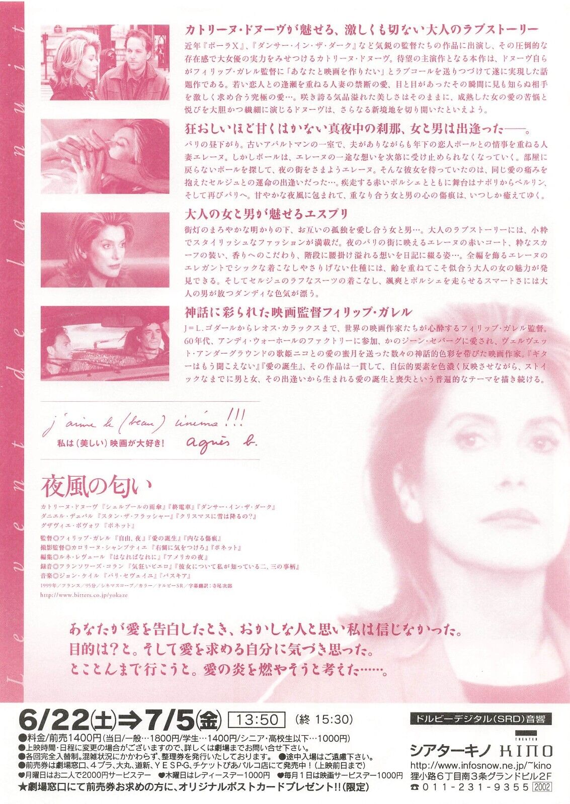 Night Wind 1999 Catherine Deneuven movie Flyer B5 CHIRASHI mini poster Philippe